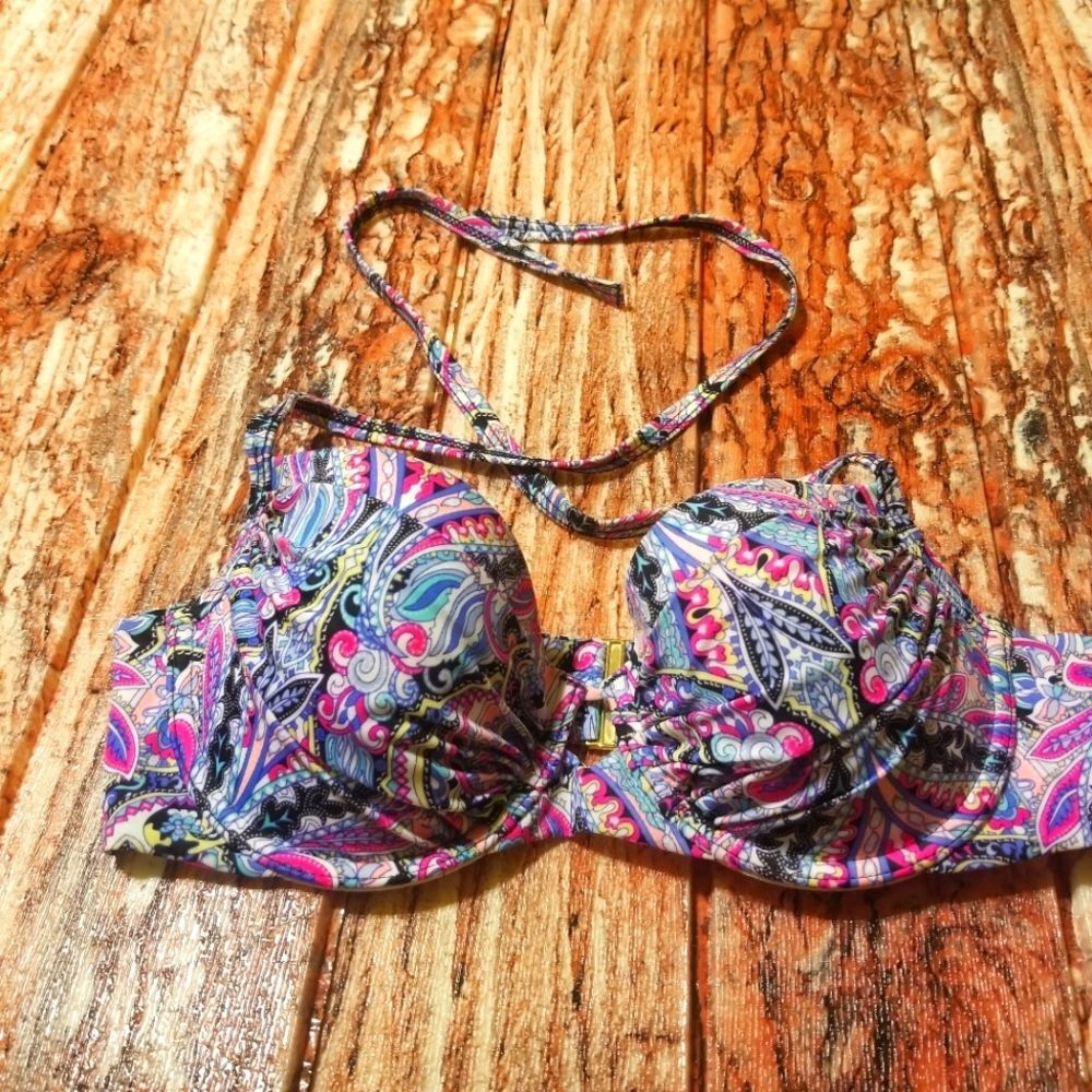 Victoria's Secret Bikini Swim Top Padded Women's 34C Boho Floral Retro Vacation
